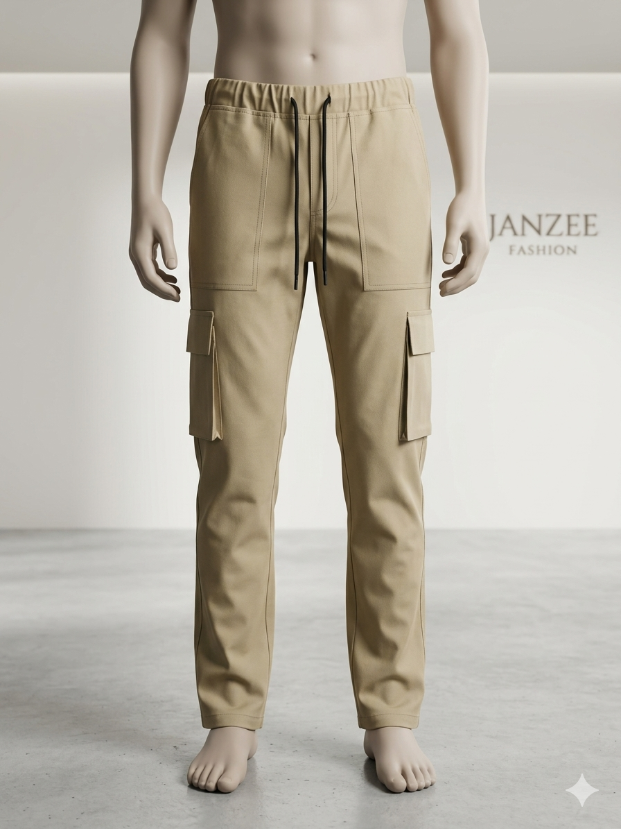 Men's beige Premium Cotton Cargo Trousers – Slim Fit Utility Pants for Men | Janzee Fashion