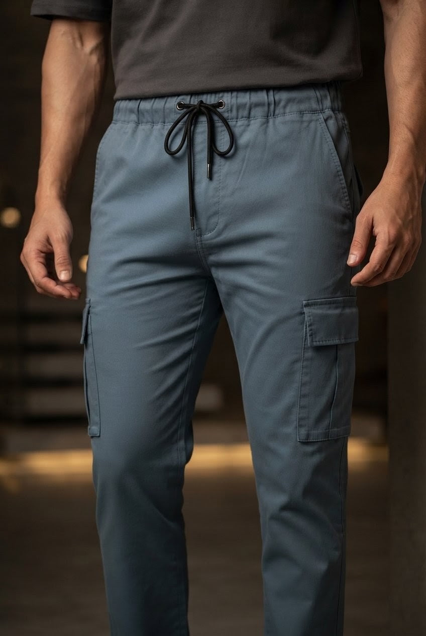 Men's grey warden Premium Cotton Cargo Trousers – Slim Fit Utility Pants for Men | Janzee Fashion