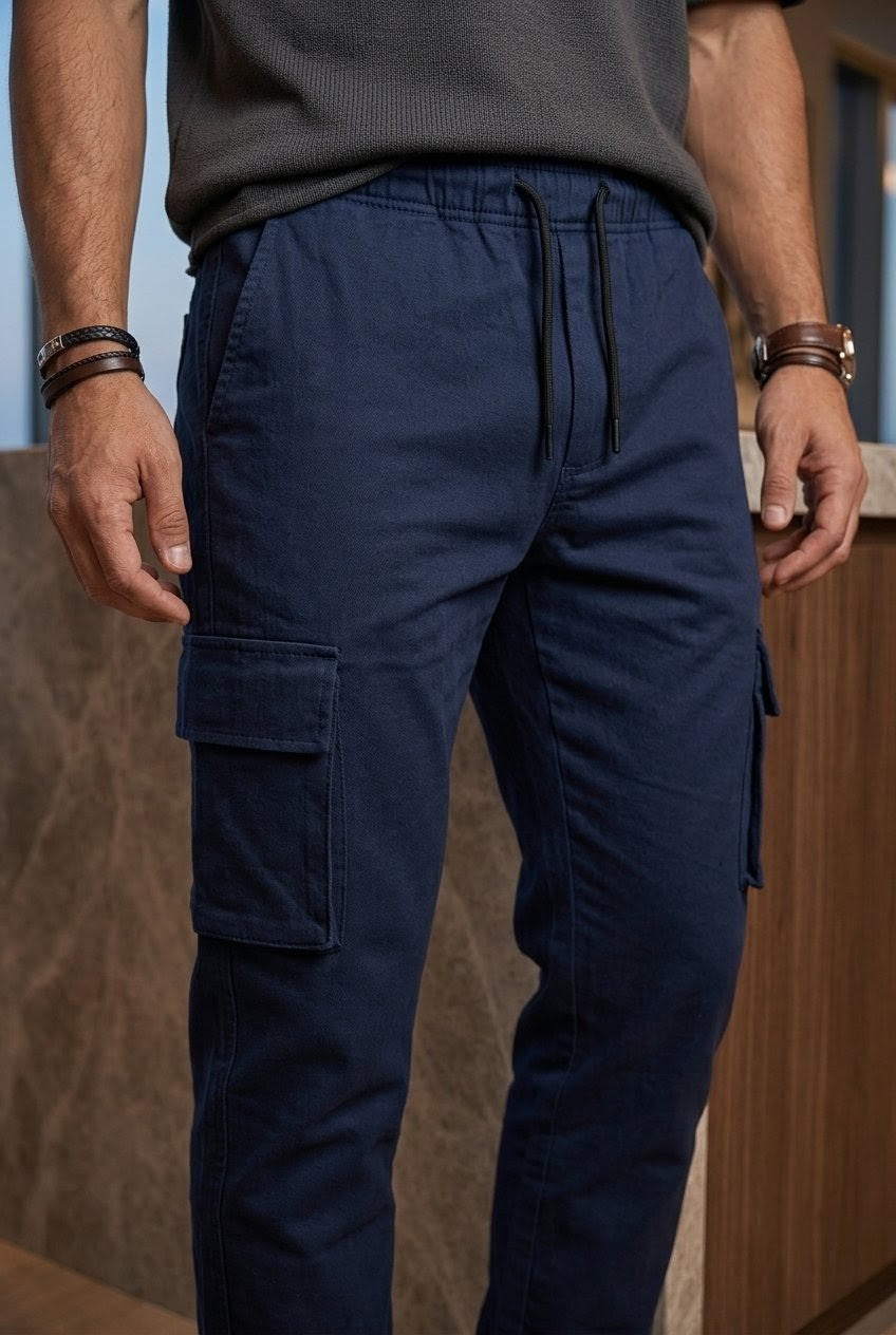 Men's navy blue Cargo Trousers Premium Cotton Slim Fit Utility Pants For Men