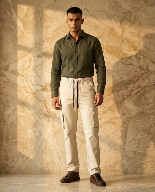 Men's beige Premium Cotton Cargo Trousers – Slim Fit Utility Pants for Men | Janzee Fashion