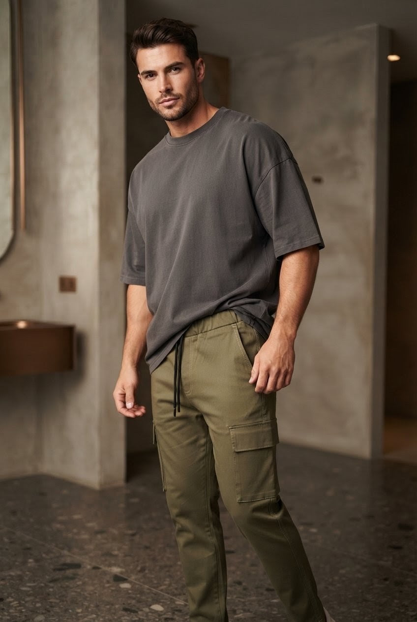 Men's olive green Cargo Trousers Premium Cotton Slim Fit Utility Pants For Men