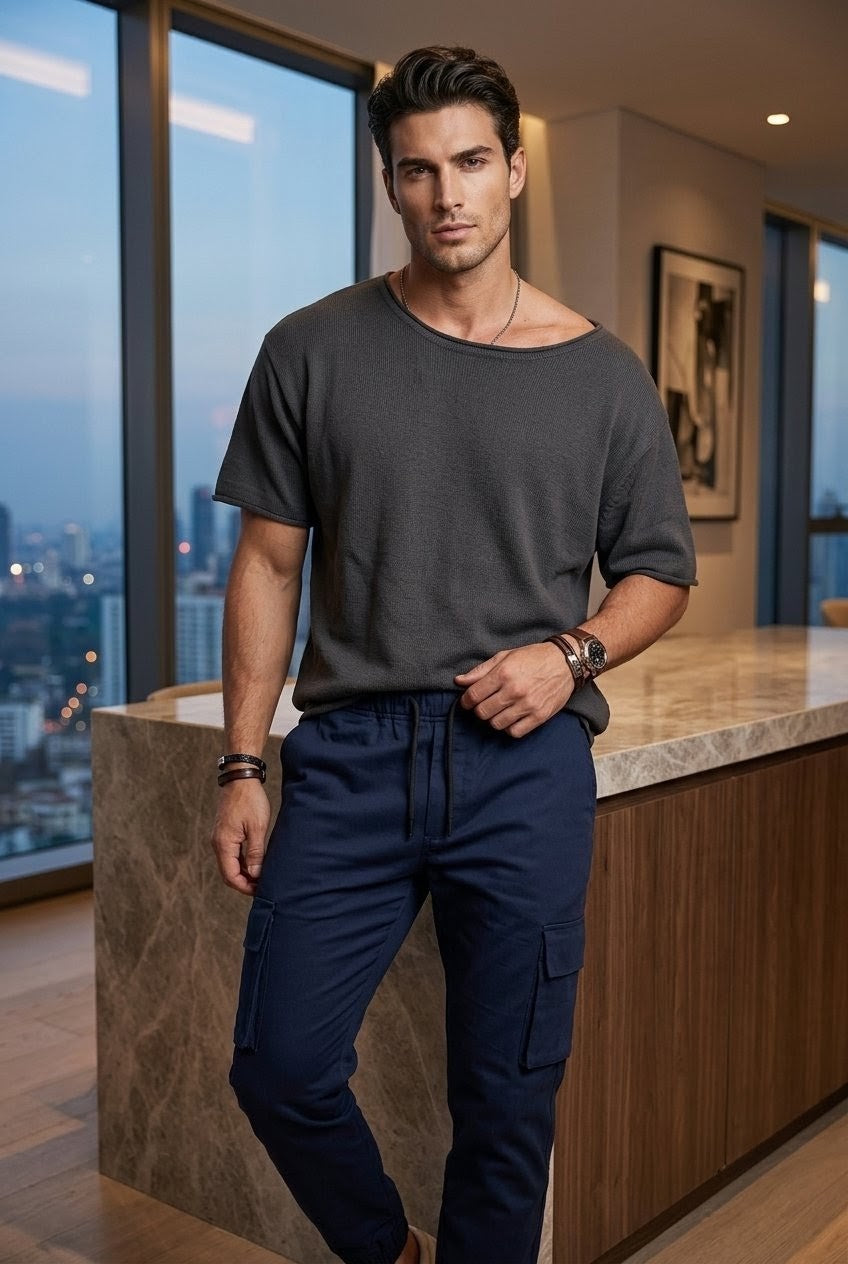 Men's navy blue Cargo Trousers Premium Cotton Slim Fit Utility Pants For Men