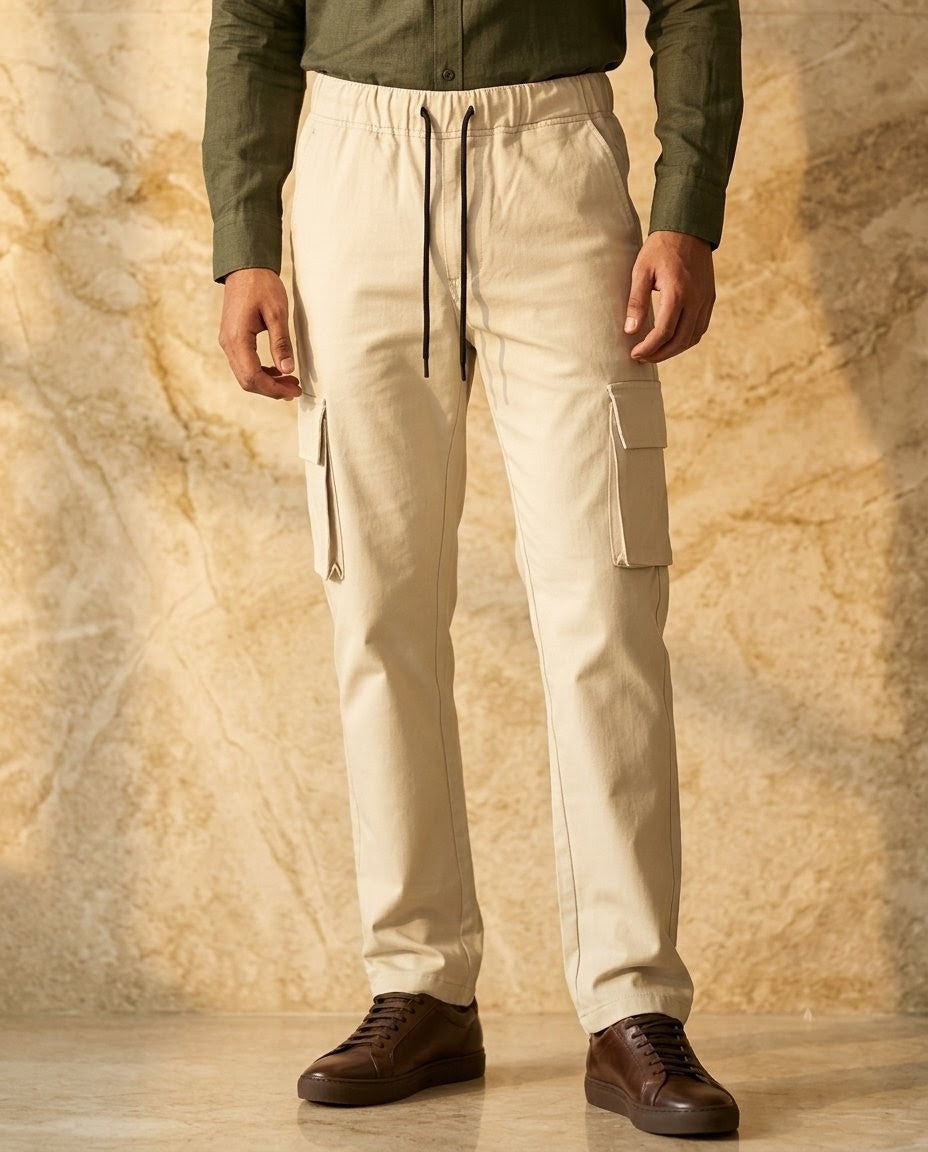 Men's beige Premium Cotton Cargo Trousers – Slim Fit Utility Pants for Men | Janzee Fashion