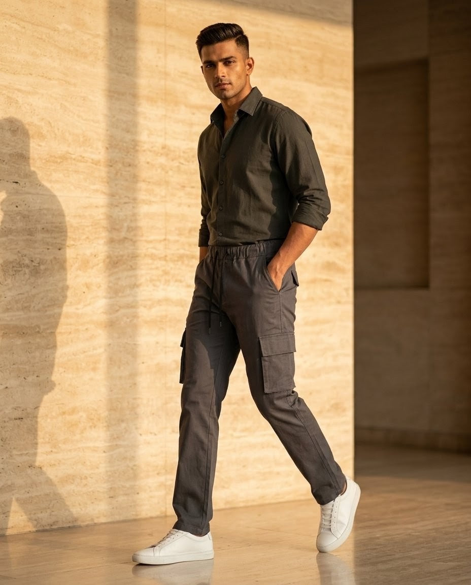 Men's metallic Grey Cotton Cargo Trousers | Premium Slim Fit Pants – Janzee Fashion