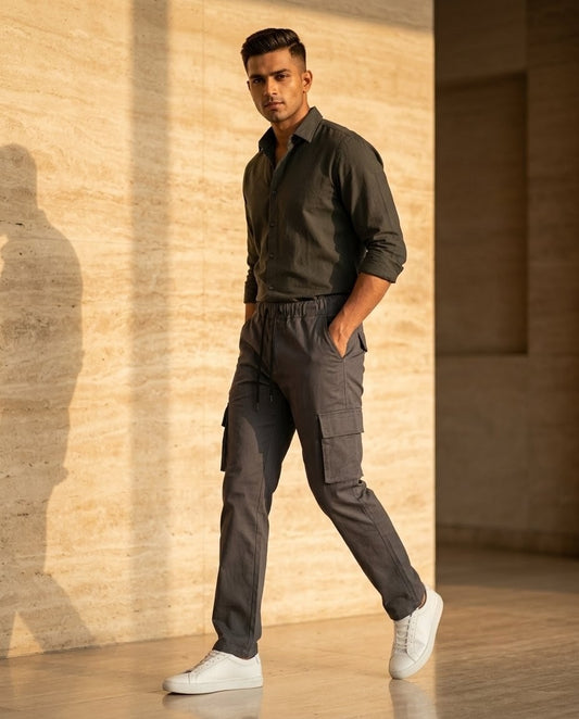 Men's metallic Grey Cotton Cargo Trousers | Premium Slim Fit Pants – Janzee Fashion
