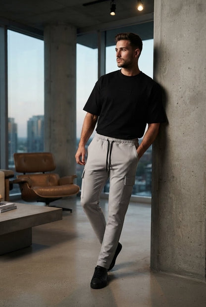 Men's light grey Cargo Trousers Premium Cotton Slim Fit Utility Pants For Men