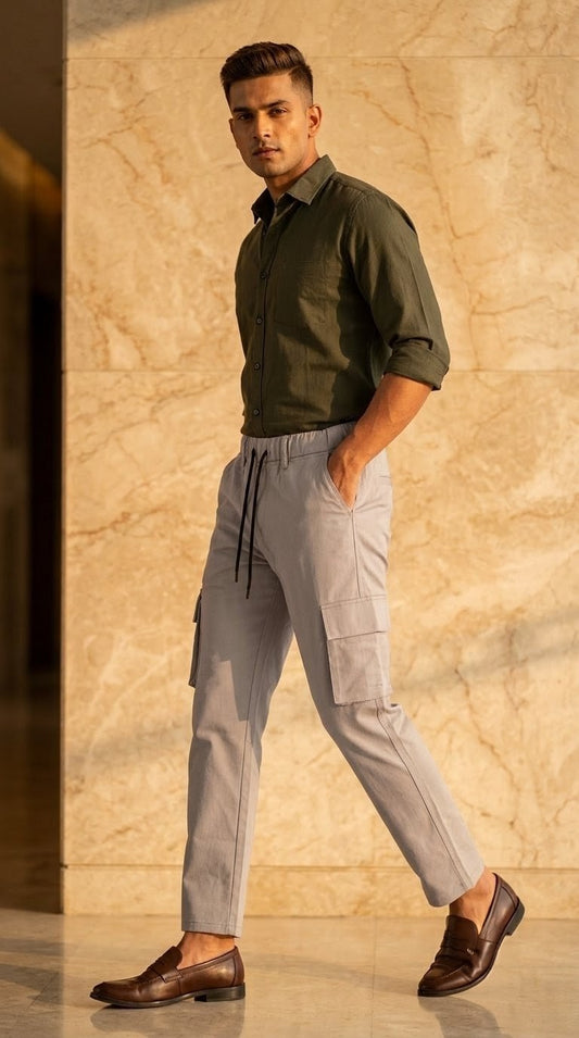Men's light grey Cargo Trousers Premium Cotton Slim Fit Utility Pants For Men