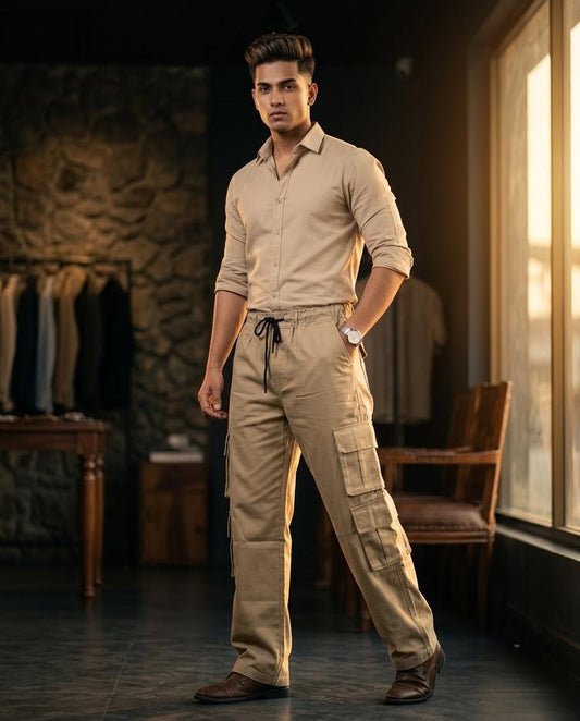 Men's Camel Color 8 Pocket Cotton Cargo Trouser