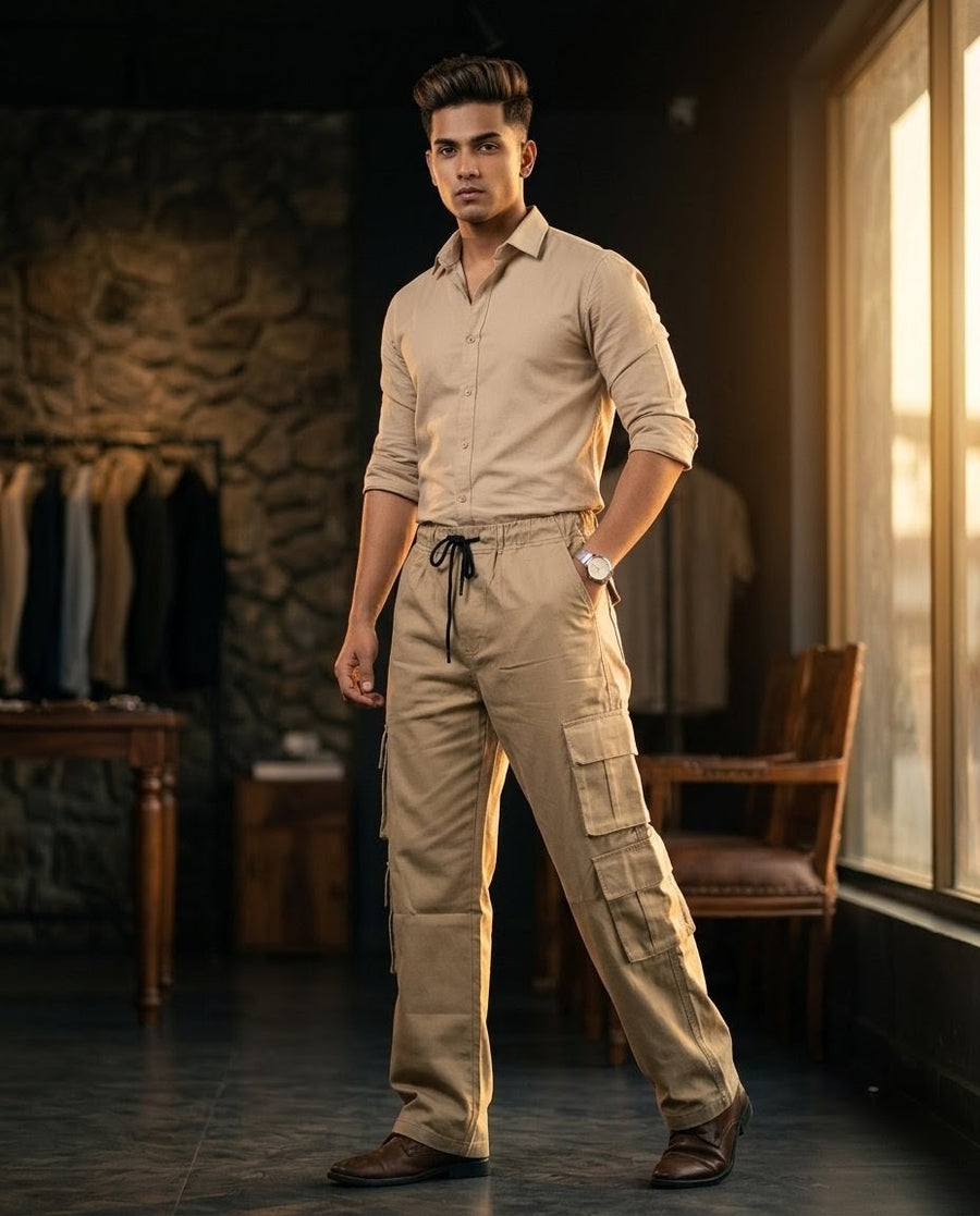 Men's Camel Color 8 Pocket Cotton Cargo Trouser