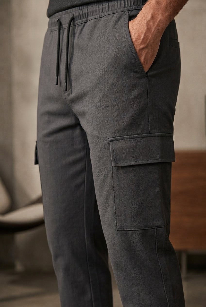Men's metallic Grey Cotton Cargo Trousers | Premium Slim Fit Pants – Janzee Fashion