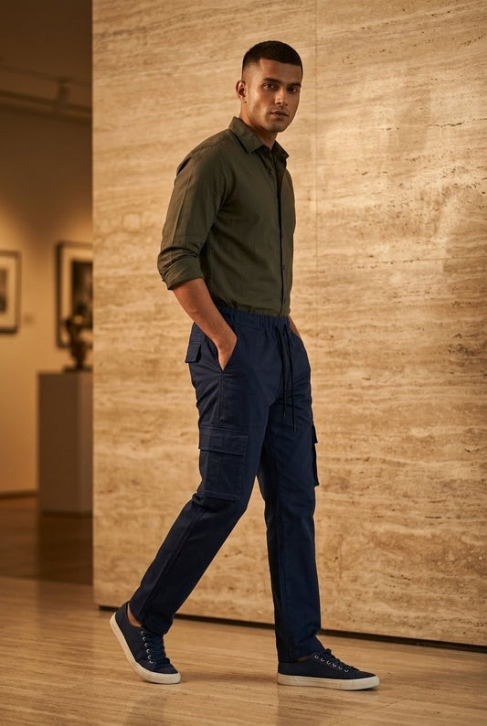 Men's navy blue Cargo Trousers Premium Cotton Slim Fit Utility Pants For Men