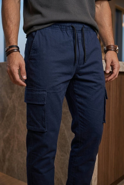Men's navy blue Cargo Trousers Premium Cotton Slim Fit Utility Pants For Men