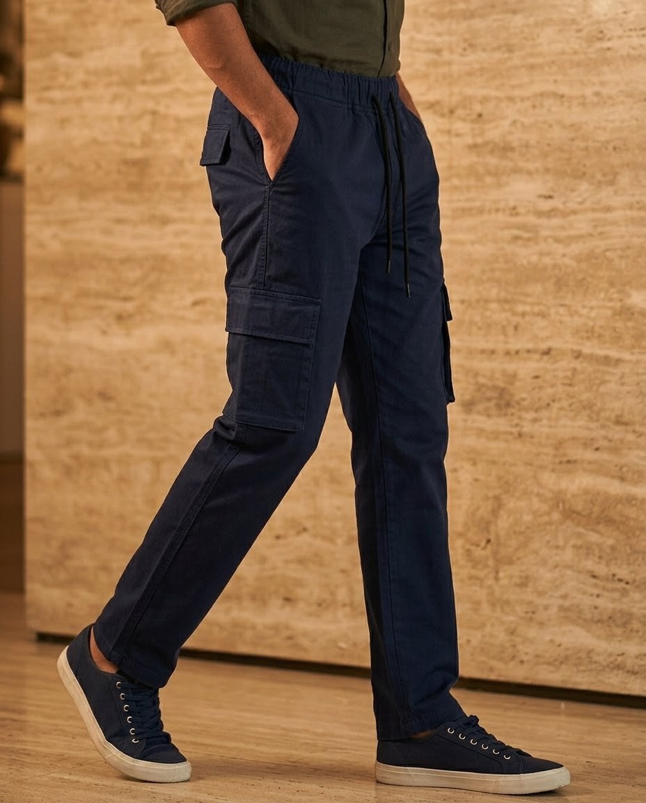 Men's navy blue Cargo Trousers Premium Cotton Slim Fit Utility Pants For Men